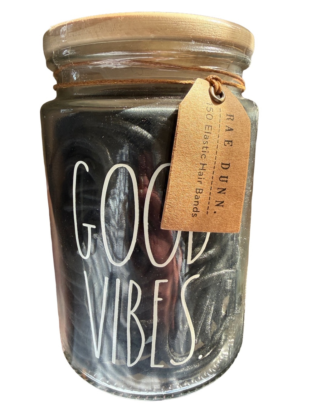 NWOT - RAE DUNN 150 black hair ties in glass good vibes jar.